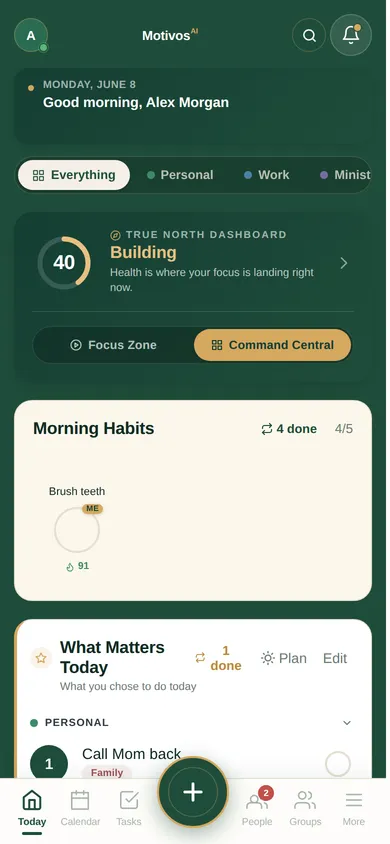 The Today screen in MotivosAI — morning habits checked off, what matters today queued up, momentum building