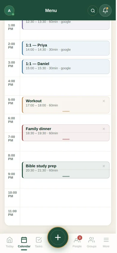 A day in the MotivosAI calendar — afternoon one-on-ones, then a workout, family dinner, and an evening block held for what matters